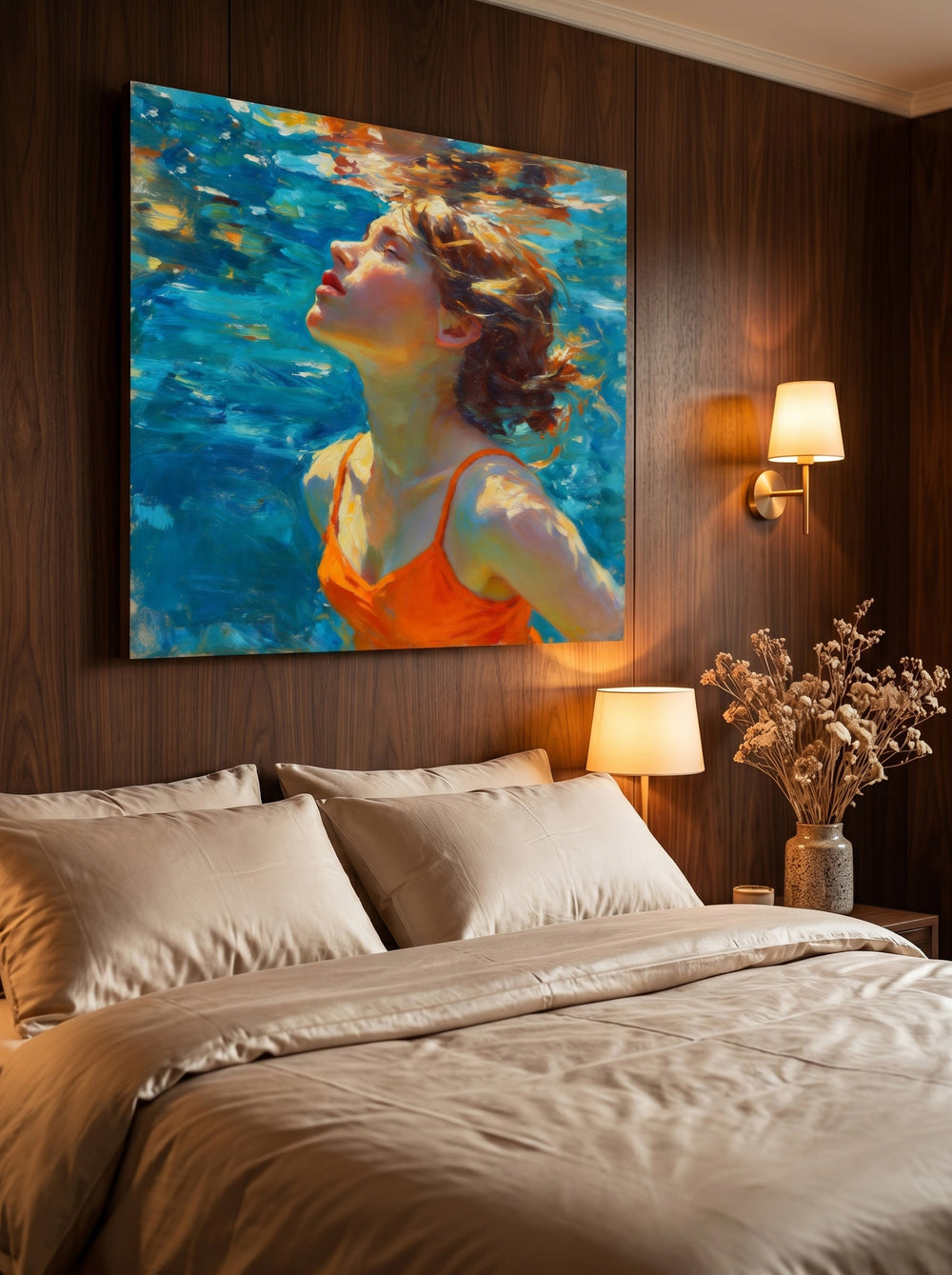 Serene Woman Swimming In Blue Water Original Oil Painting For Modern Home Decor