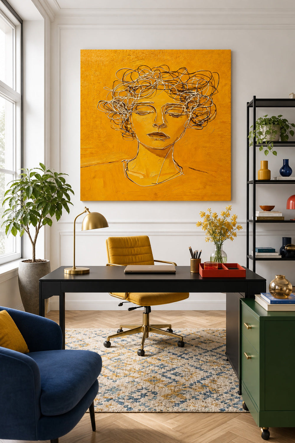 Modern Minimalist Face Line Art Painting With Golden Hue For Contemporary Home Decor