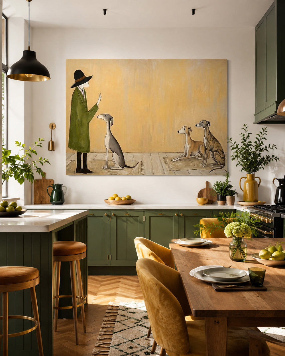 Whimsical Greyhound Art Print Featuring Gentleman And Dogs