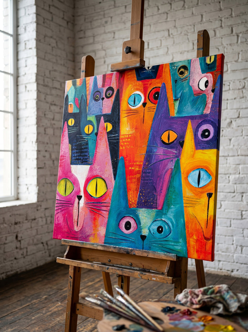 Whimsical Feline Art Print Geometric Cats In Pink Blue Orange For Nursery Or Office