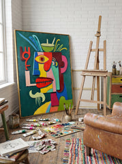 Quirky Cubist Face Art Print With Bold Colors And Expressive Brushstrokes For Eclectic Interiors