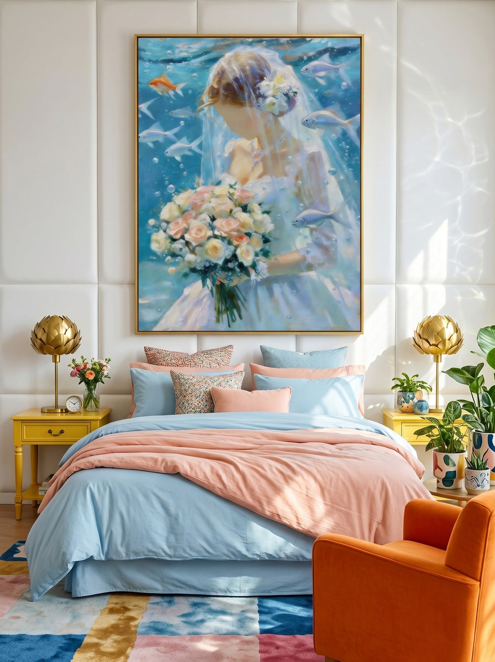 Unique Square Canvas Art Of Bride Underwater With Bouquet For Living Room Wall