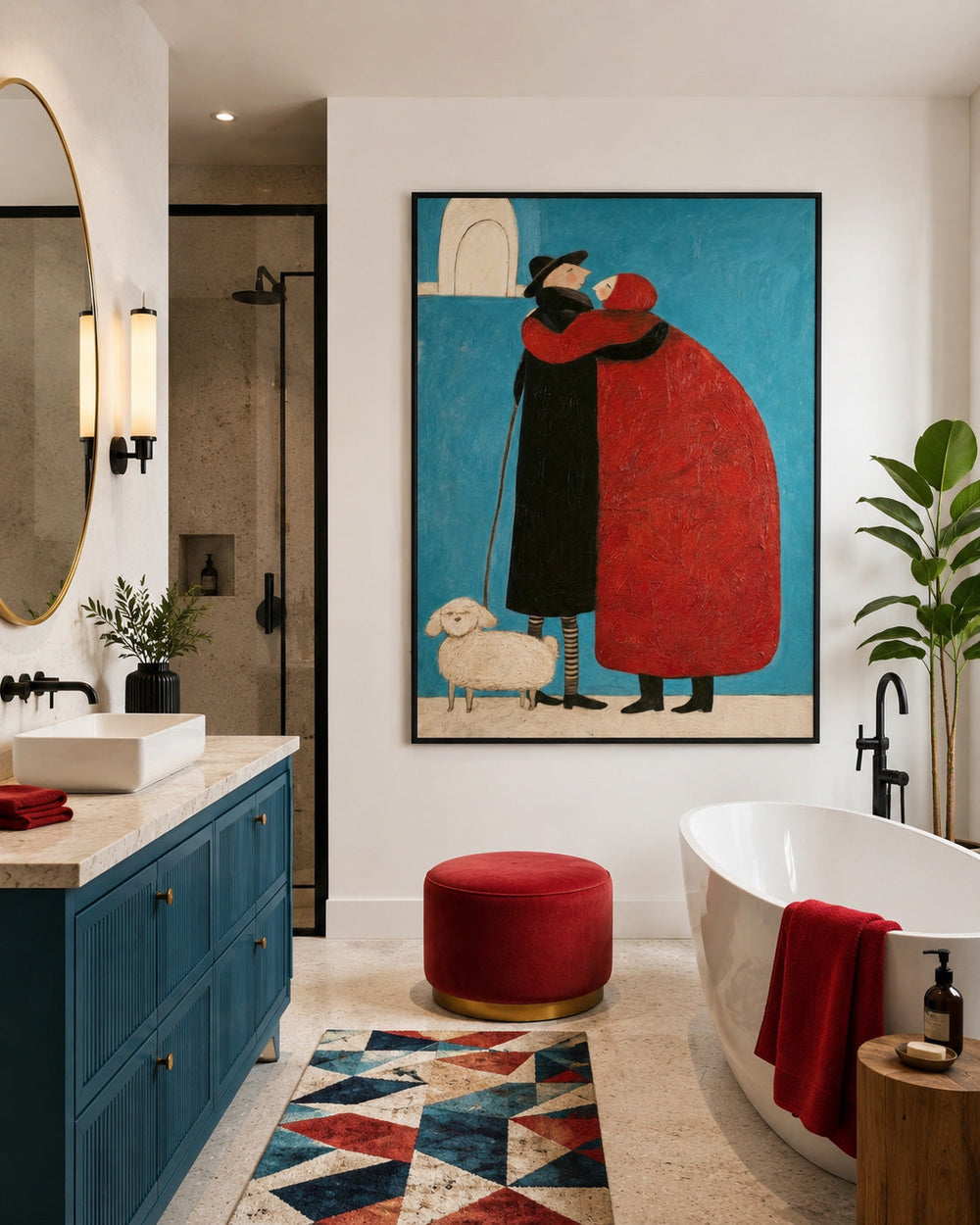 Minimalist People Art Square Canvas Print With Bold Red And Blue Colors For Home Decoration