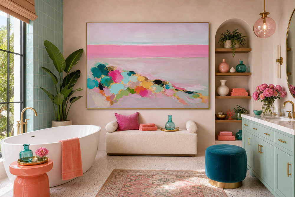 Contemporary Pink And Teal Ocean Art For Stylish Beach House Interior Design