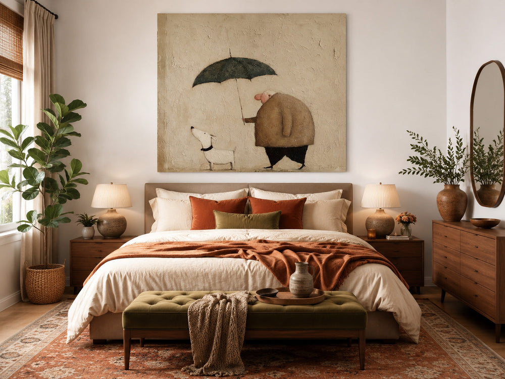 Whimsical Square Canvas Art Cute Man And Pet Under Umbrella For Living Room