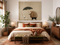 Whimsical Square Canvas Art Cute Man And Pet Under Umbrella For Living Room