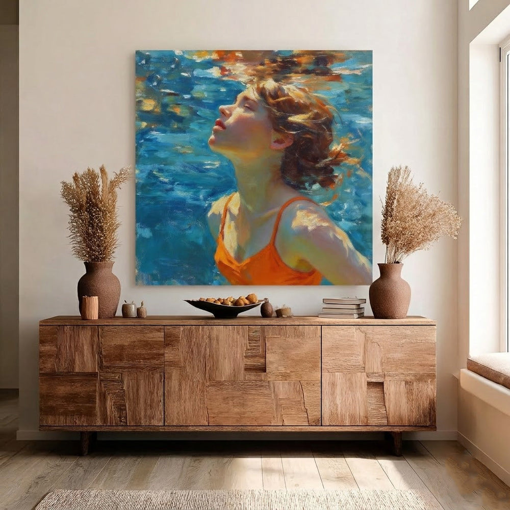 Serene Woman Swimming In Blue Water Original Oil Painting For Modern Home Decor
