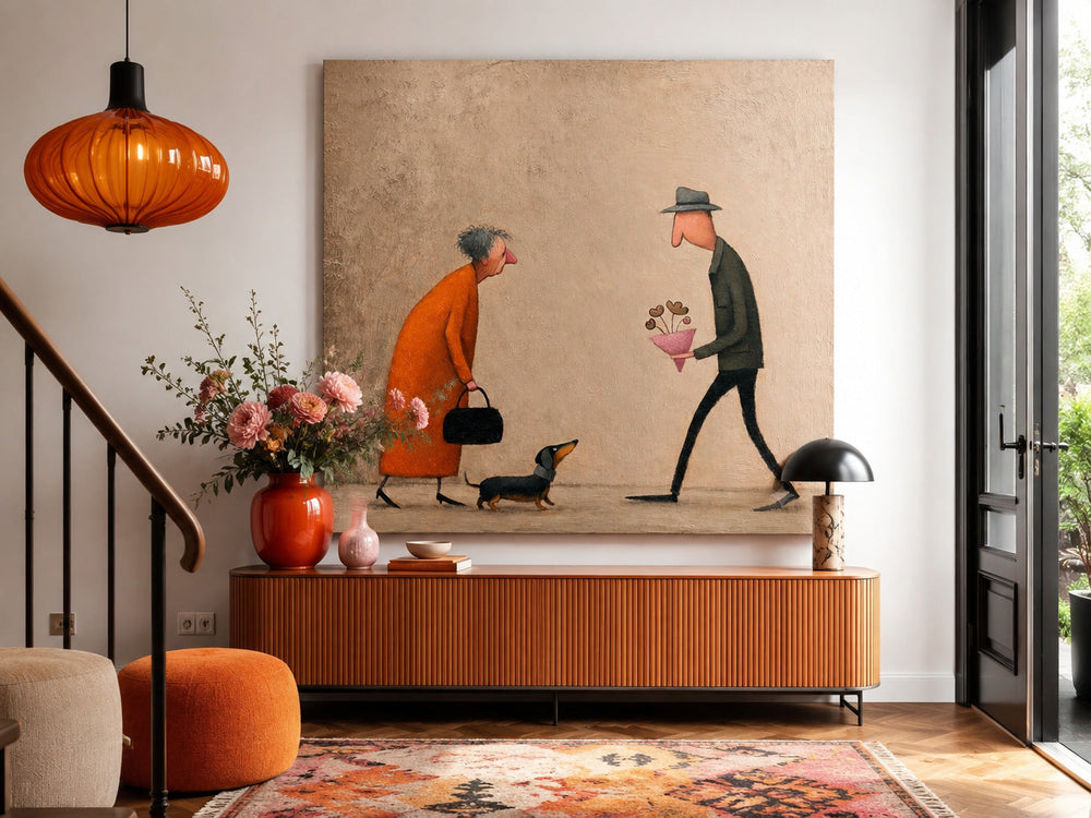 Whimsical Figurative Art Print Romantic Scene With Dachshund