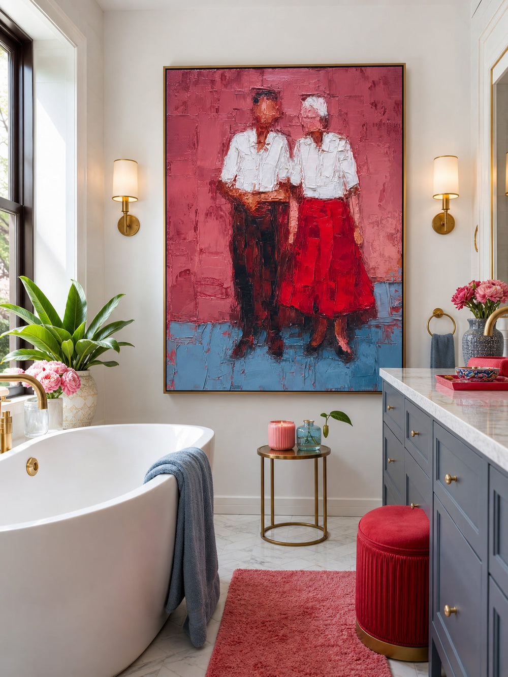 Elderly Couple Portrait Oil Painting Expressive Red And Blue Modern Art For Home
