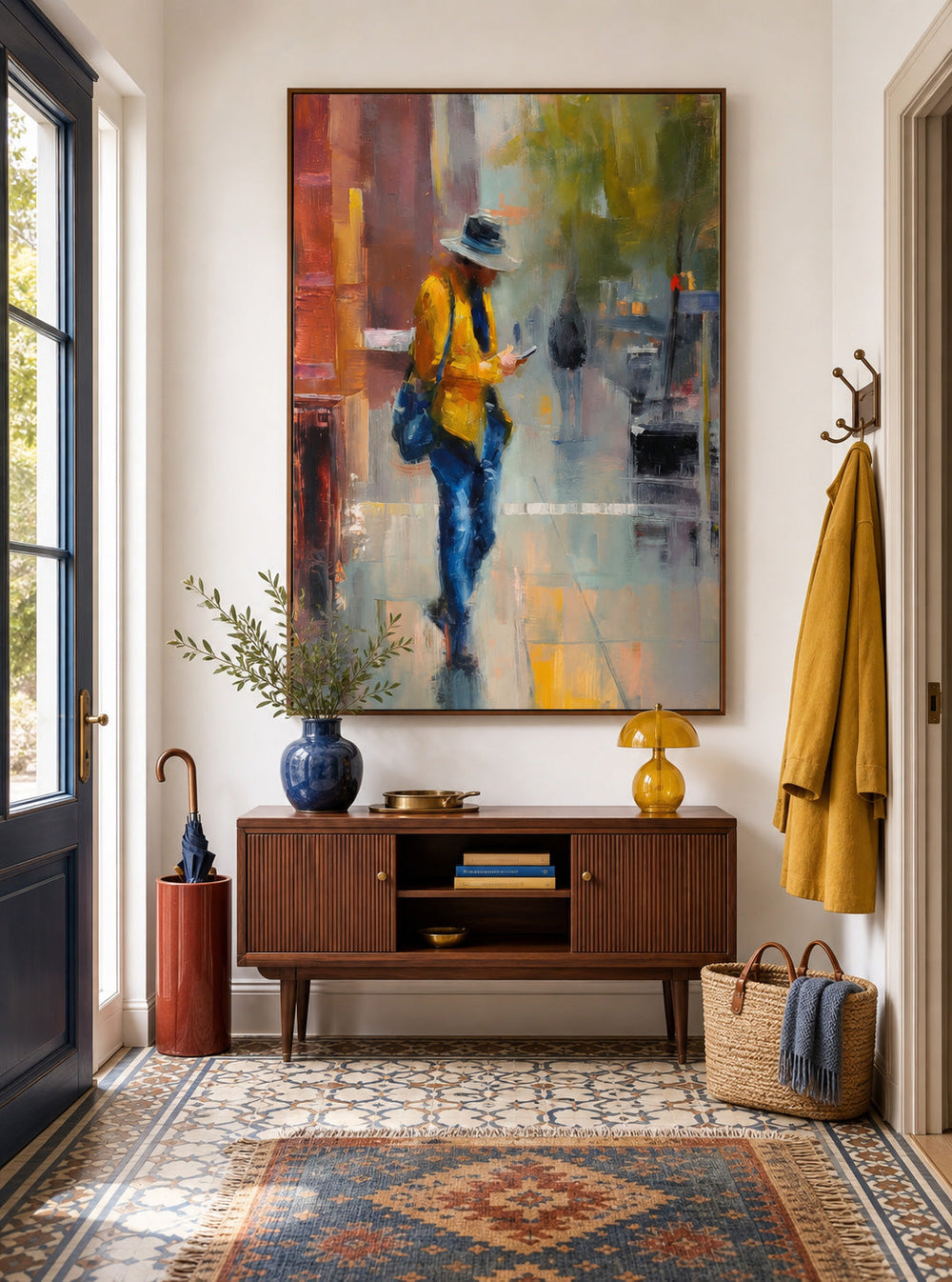 Expressive Yellow And Blue Oil Painting Of A Person In The City
