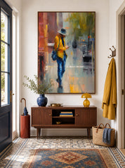 Expressive Yellow And Blue Oil Painting Of A Person In The City