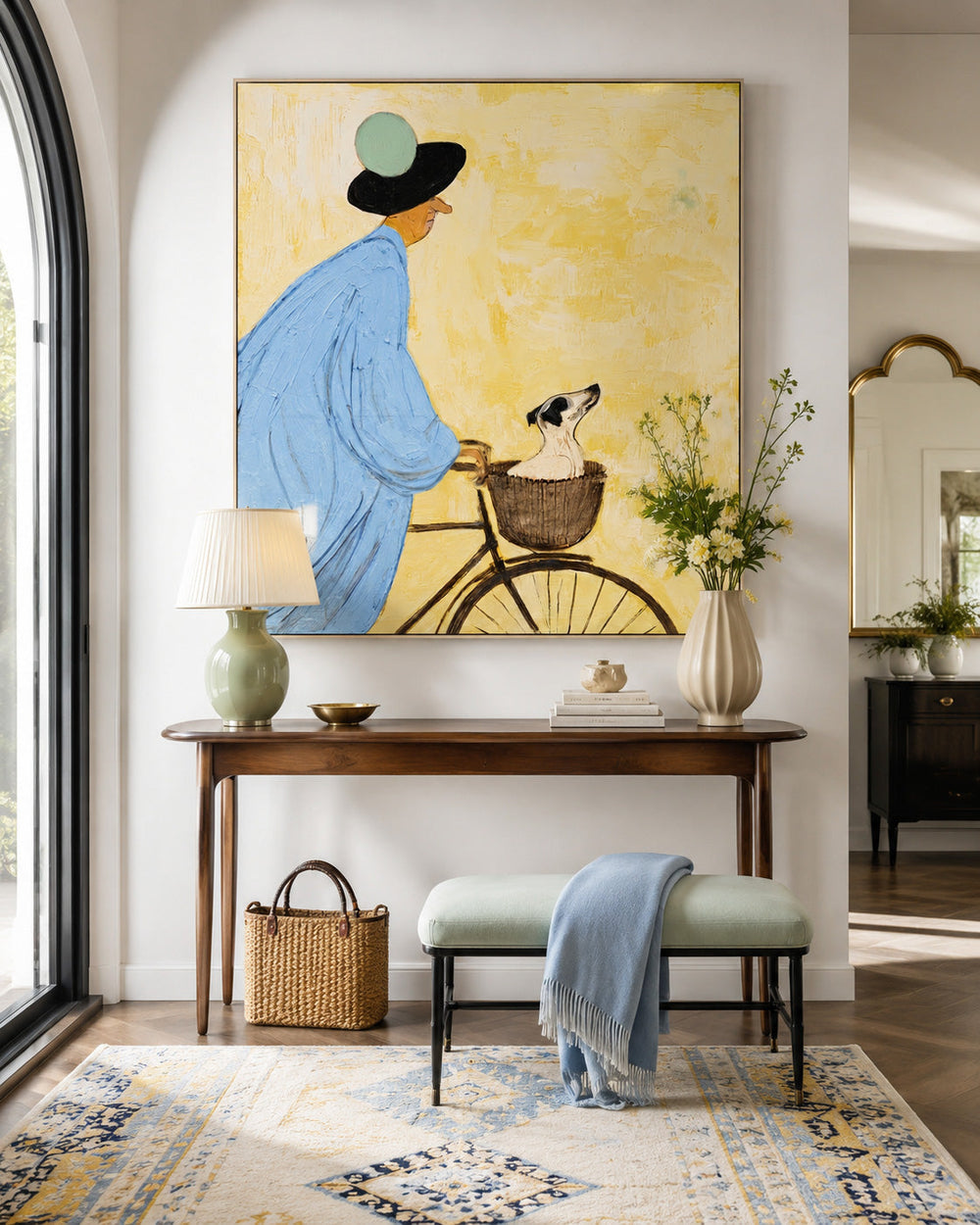 Whimsical Blue And Yellow Dog Painting With Figure On Bike For Modern Home Decor