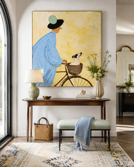 Whimsical Blue And Yellow Dog Painting With Figure On Bike For Modern Home Decor