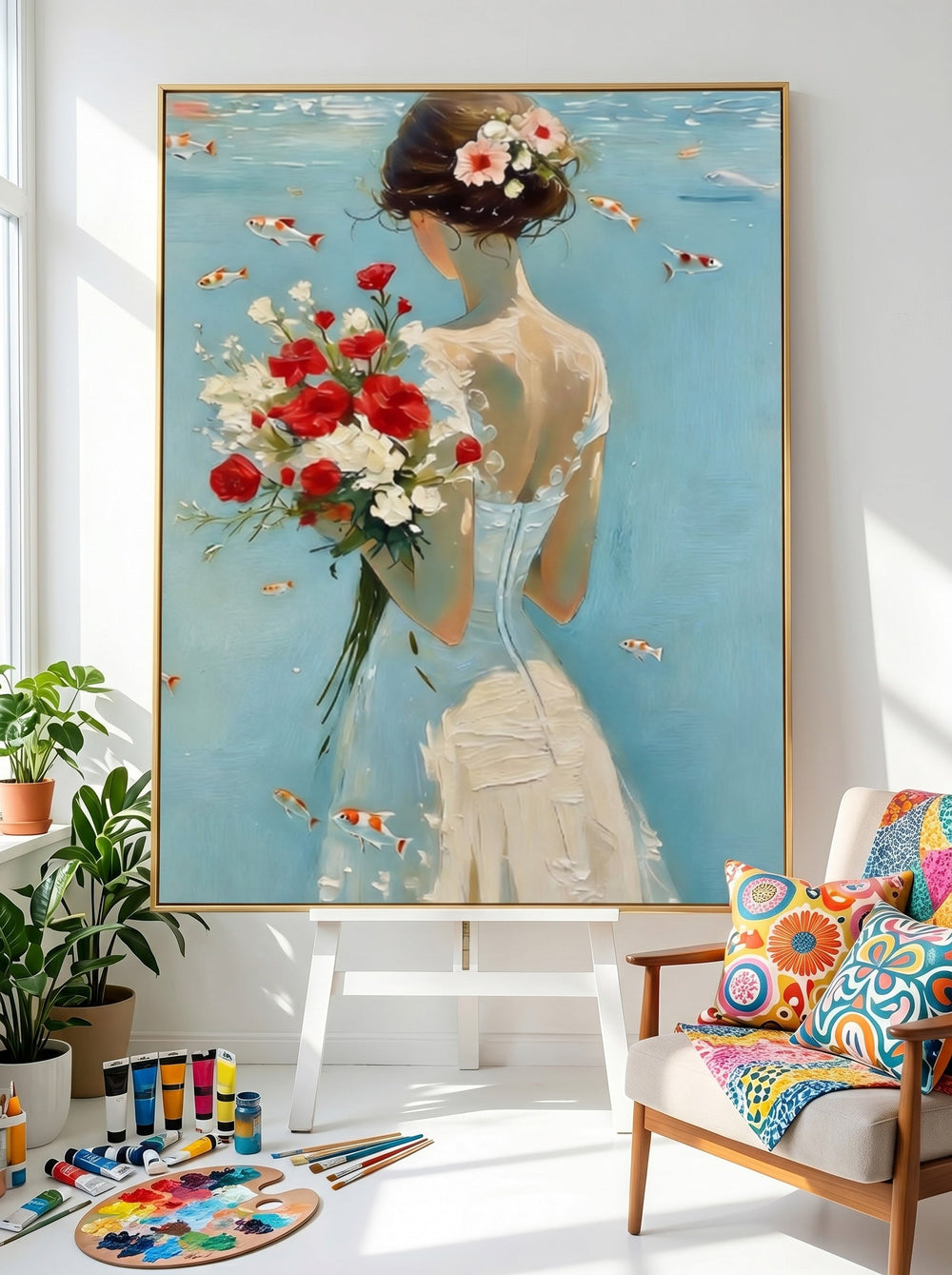 Underwater Bride Painting With Goldfish And Flowers For Romantic Home Decor