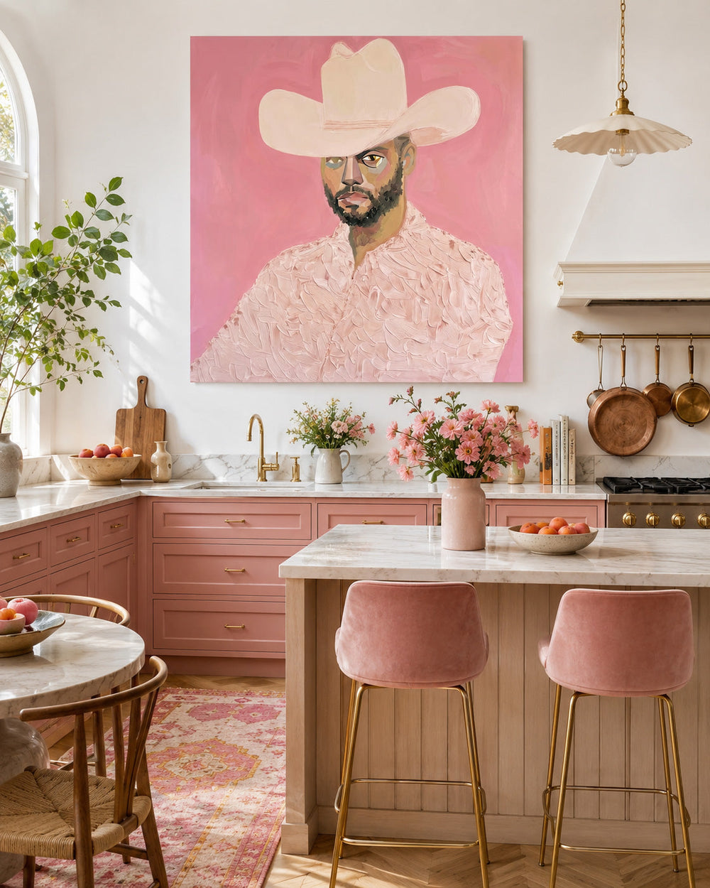 Modern Cowboy Portrait Painting On Canvas With Pink Background For Living Room Decor