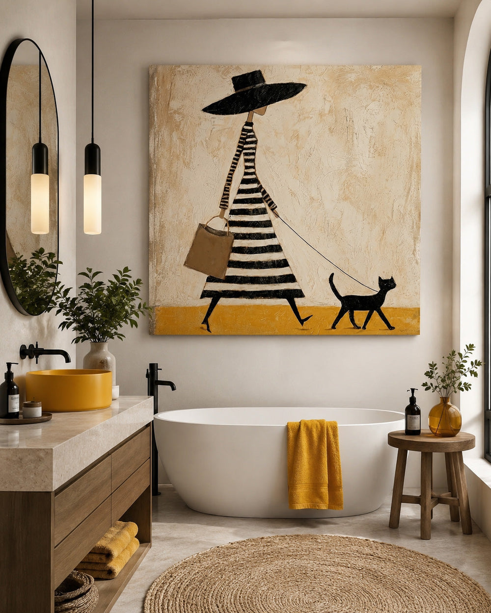 Chic Minimalist Fashion Art Of Woman With Cat For Modern Living Room Decor