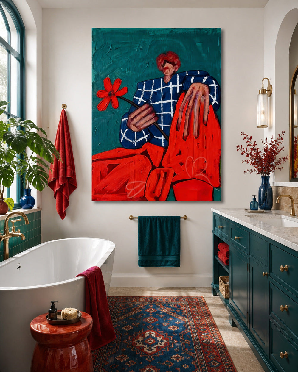 Quirky Male Portrait Art With Red Flower And Blue Grid Jacket For Modern Living Room
