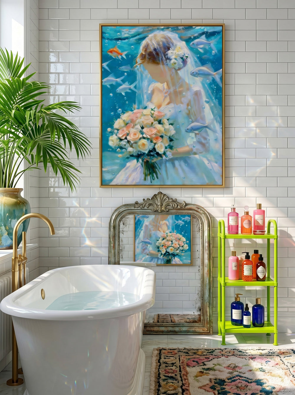 Unique Square Canvas Art Of Bride Underwater With Bouquet For Living Room Wall