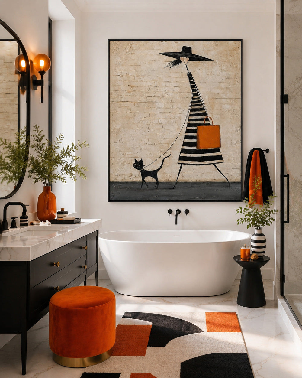 Quirky Lady Walking Cat Art Print Beige And Black Tones For Boutique Interior Design