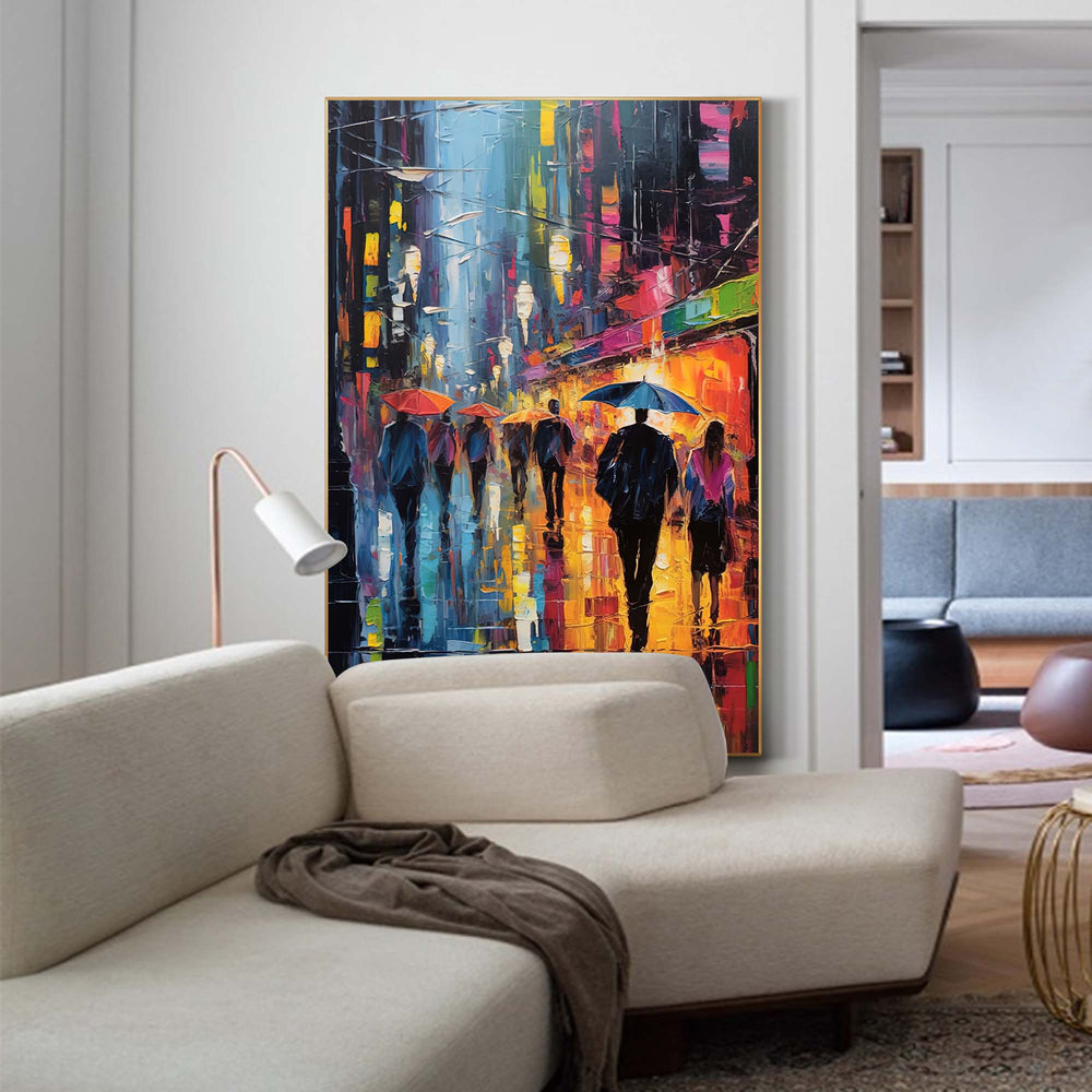 Abstract Rainy Night Cityscape Oil Painting On Canvas Original Modern Urban Scene Art Large Wall Art Home Decor