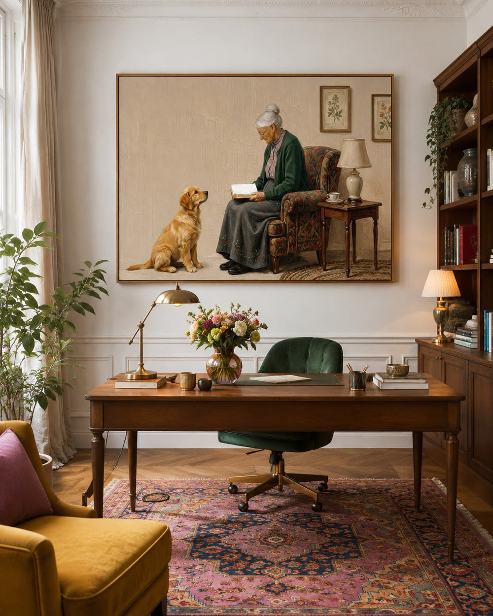 Vintage Style Oil Painting Of Elderly Woman Reading With Pet