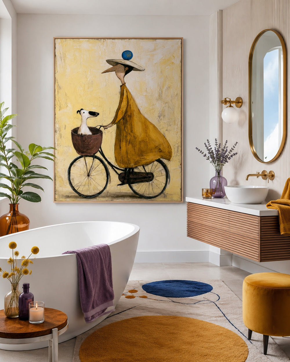 Whimsical Abstract Figure Painting With Dog In Basket For Modern Home Decor