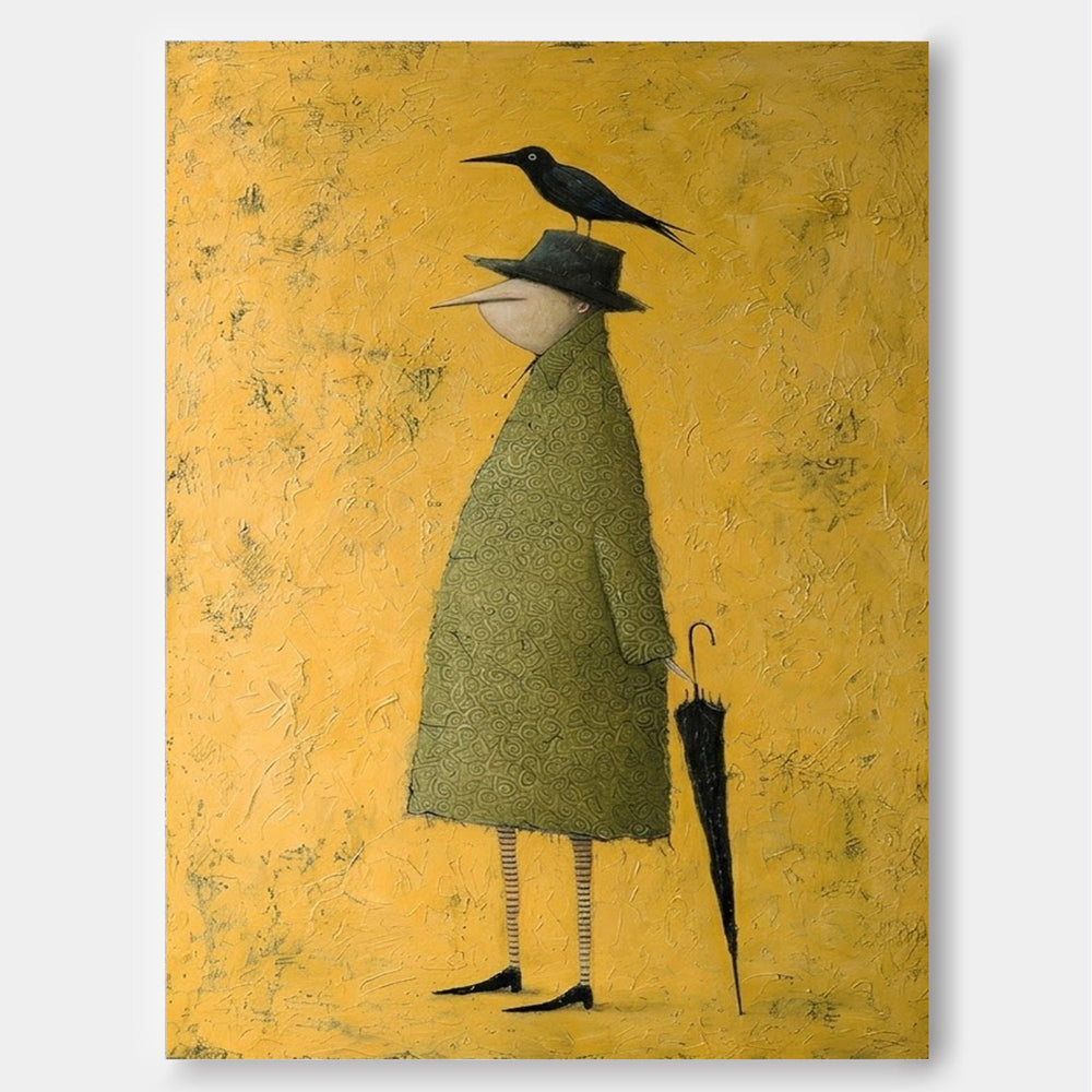 Original Figurative Art Of Man With Crow And Umbrella In Abstract Style For Unique Home Decoration