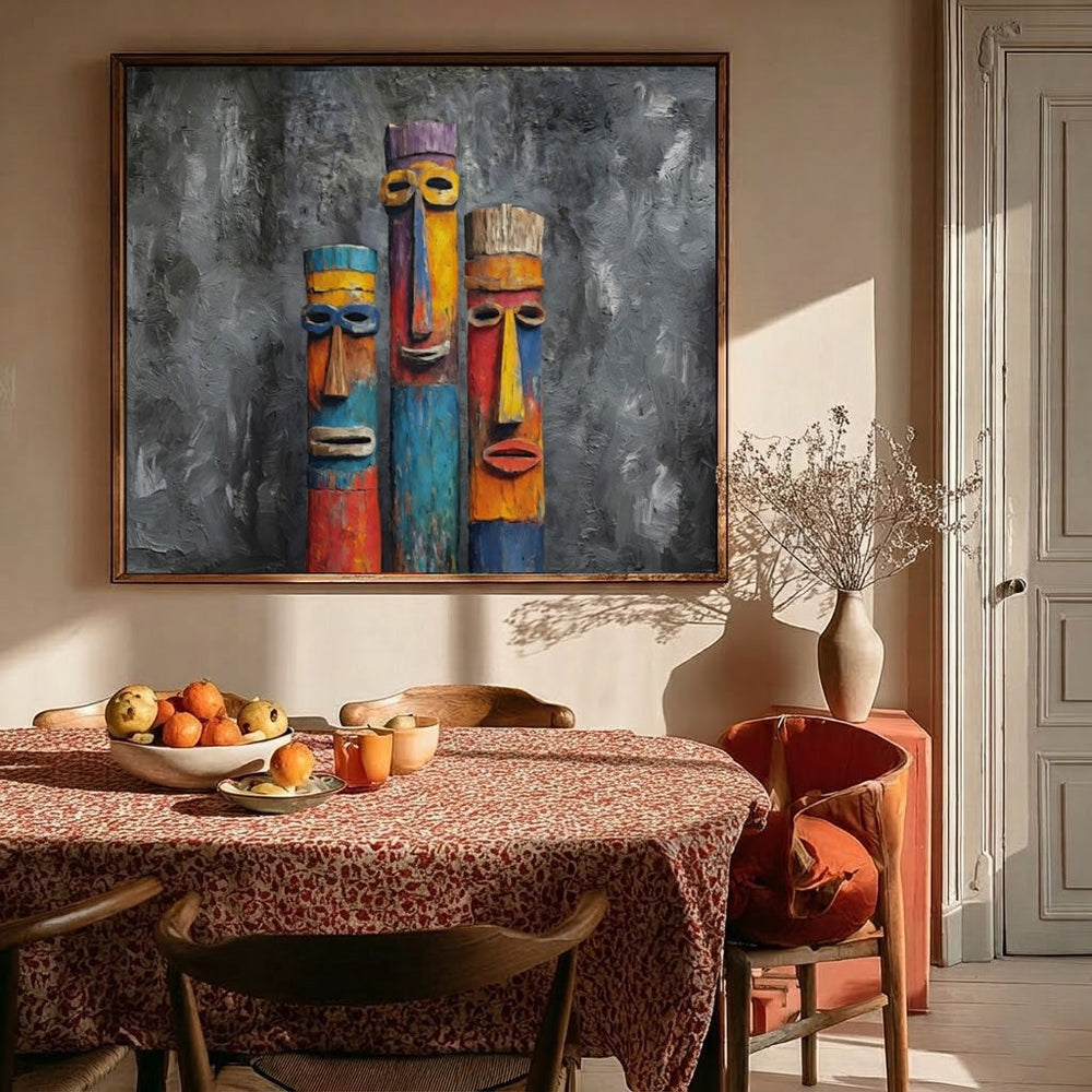 Whimsical Totem Art Print With Rich Texture And Bold Colors For Eclectic Interior Design