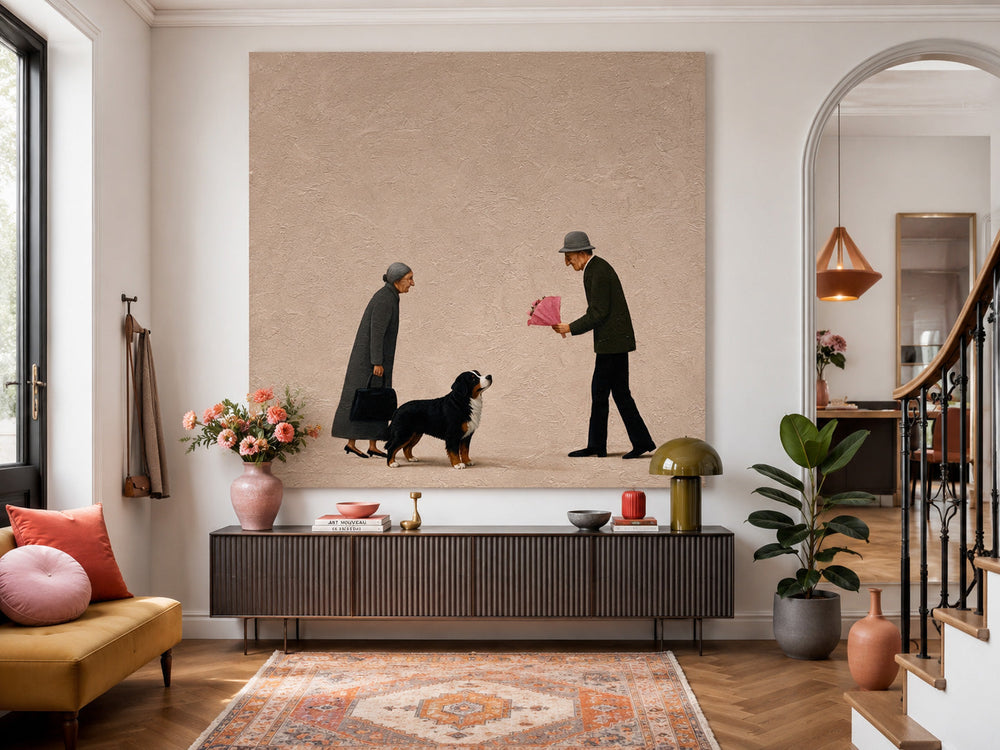 Romantic Anniversary Gift Artwork Senior Couple And Pet Original Oil Painting