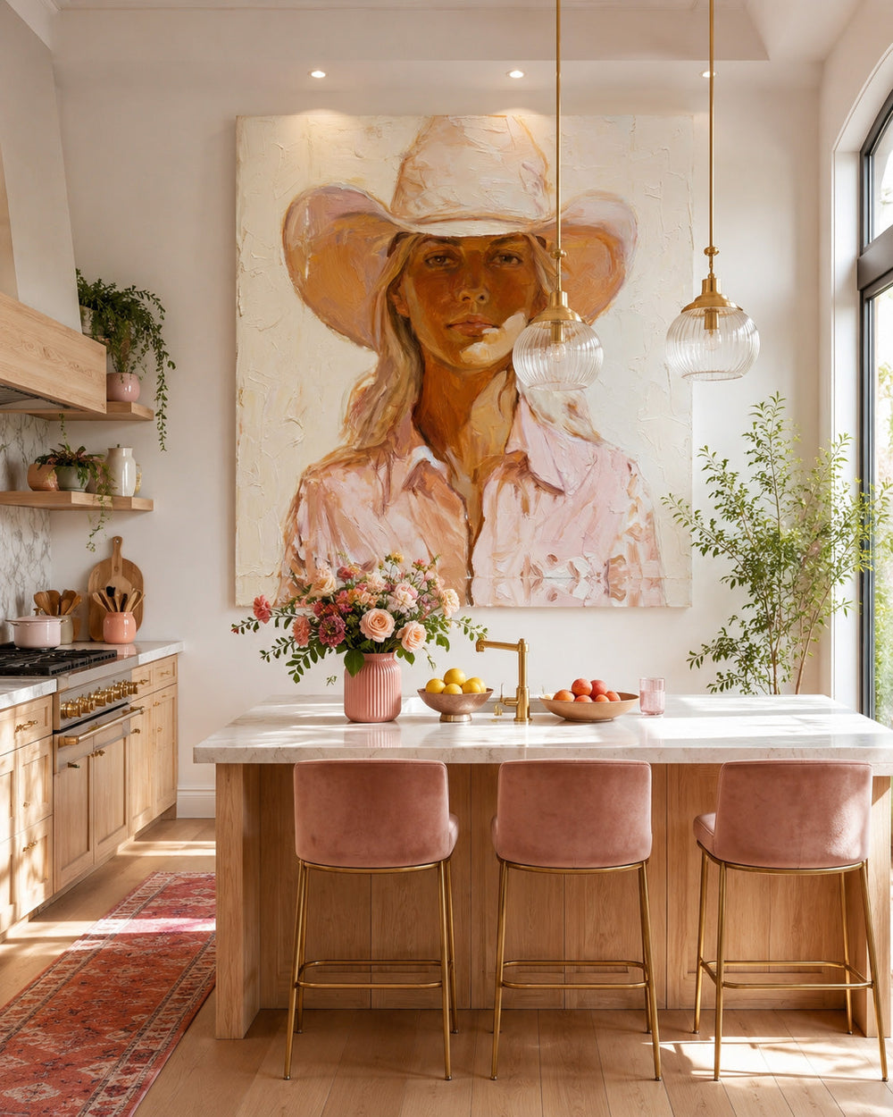 Modern Cowgirl Portrait Painting In Warm Earth Tones For Living Room Decor