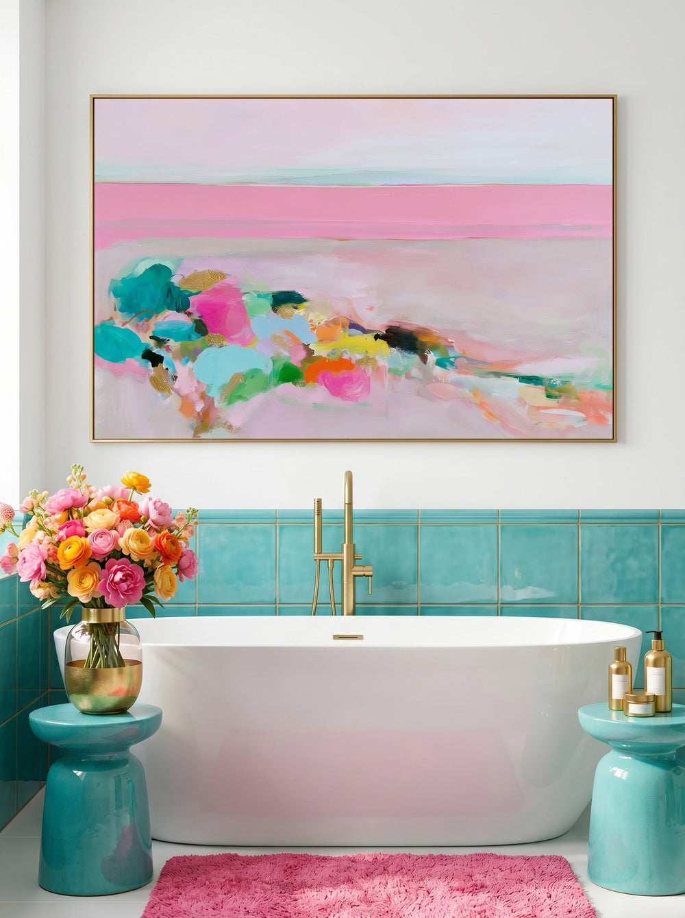 Contemporary Pink And Teal Ocean Art For Stylish Beach House Interior Design