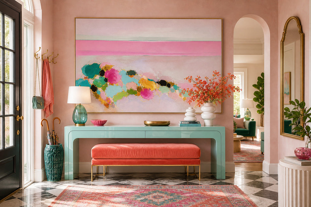 Contemporary Pink And Teal Ocean Art For Stylish Beach House Interior Design