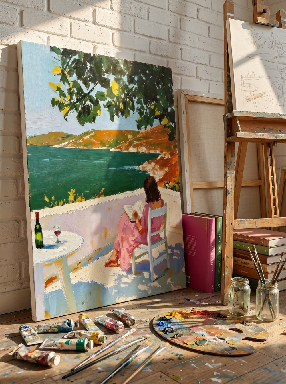Serene Moments Wall Art Peaceful Woman Reading Book Near Ocean View Decoration