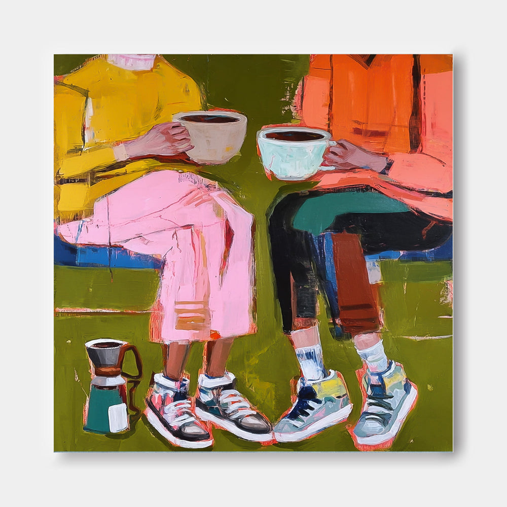 Square Canvas Artwork Depicting Modern Friendship Through Colorful Expressionist Style