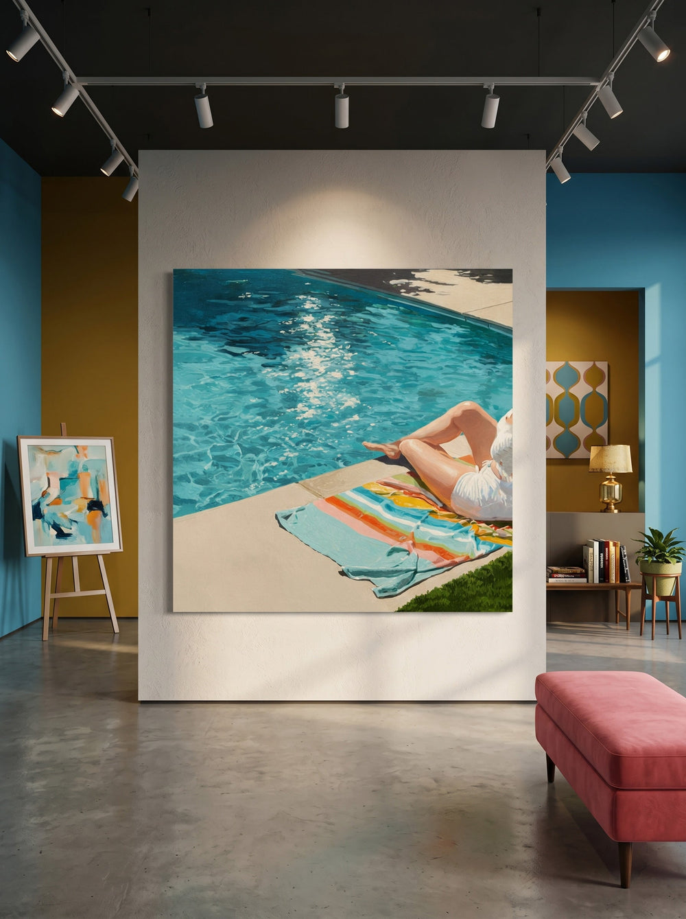 Original Poolside Oil Painting For Modern Living Room Summer Vibes