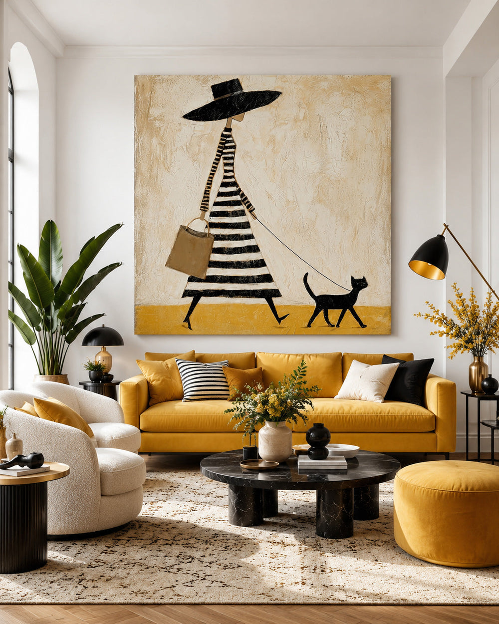 Chic Minimalist Fashion Art Of Woman With Cat For Modern Living Room Decor
