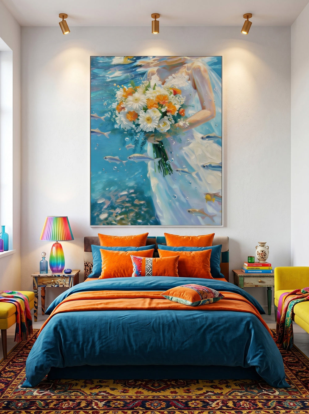 Underwater Bridal Floral Oil Painting With Fish And Bubbles For Modern Home Decor