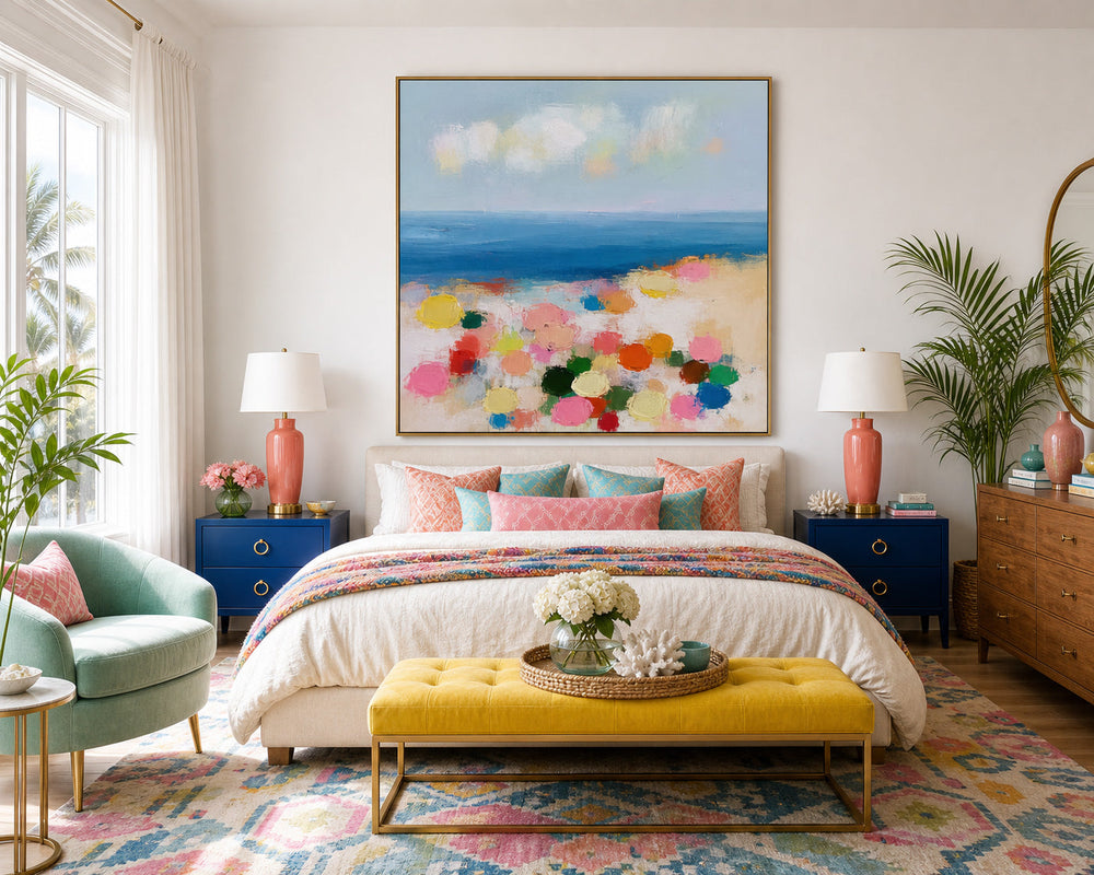 Vibrant Square Canvas Painting Of Seaside Scenery With Expressive Brushstrokes