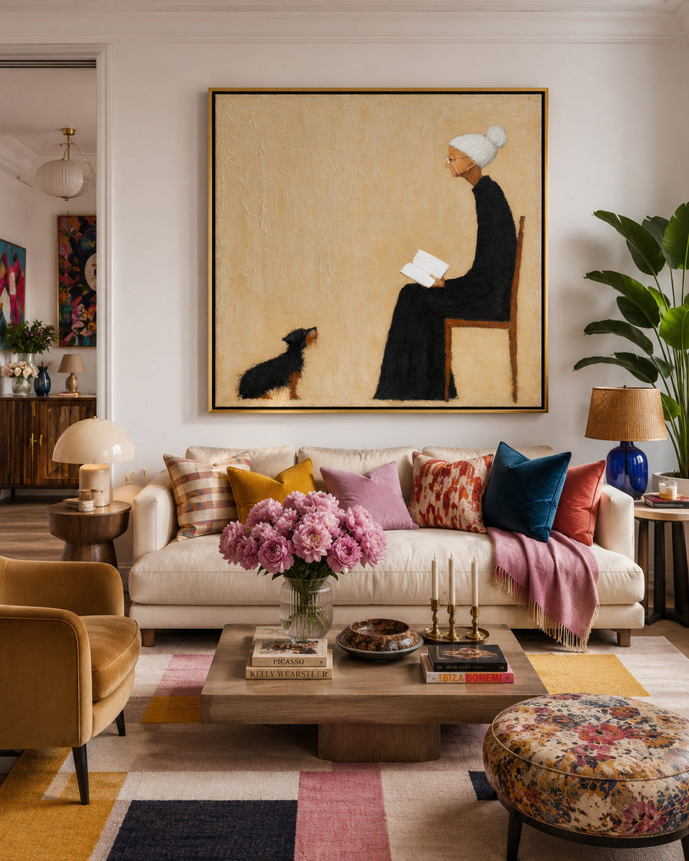 Handmade Oil Painting Of Grandma And Her Loyal Dog In Minimal Style