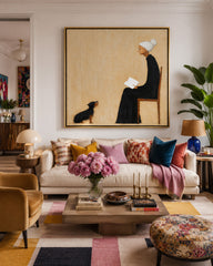 Handmade Oil Painting Of Grandma And Her Loyal Dog In Minimal Style