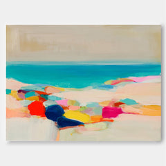 Hand Painted Ocean Art With Colorful Stones And Calm Blue Water For Home