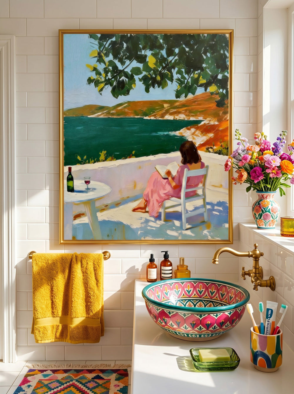 Serene Moments Wall Art Peaceful Woman Reading Book Near Ocean View Decoration