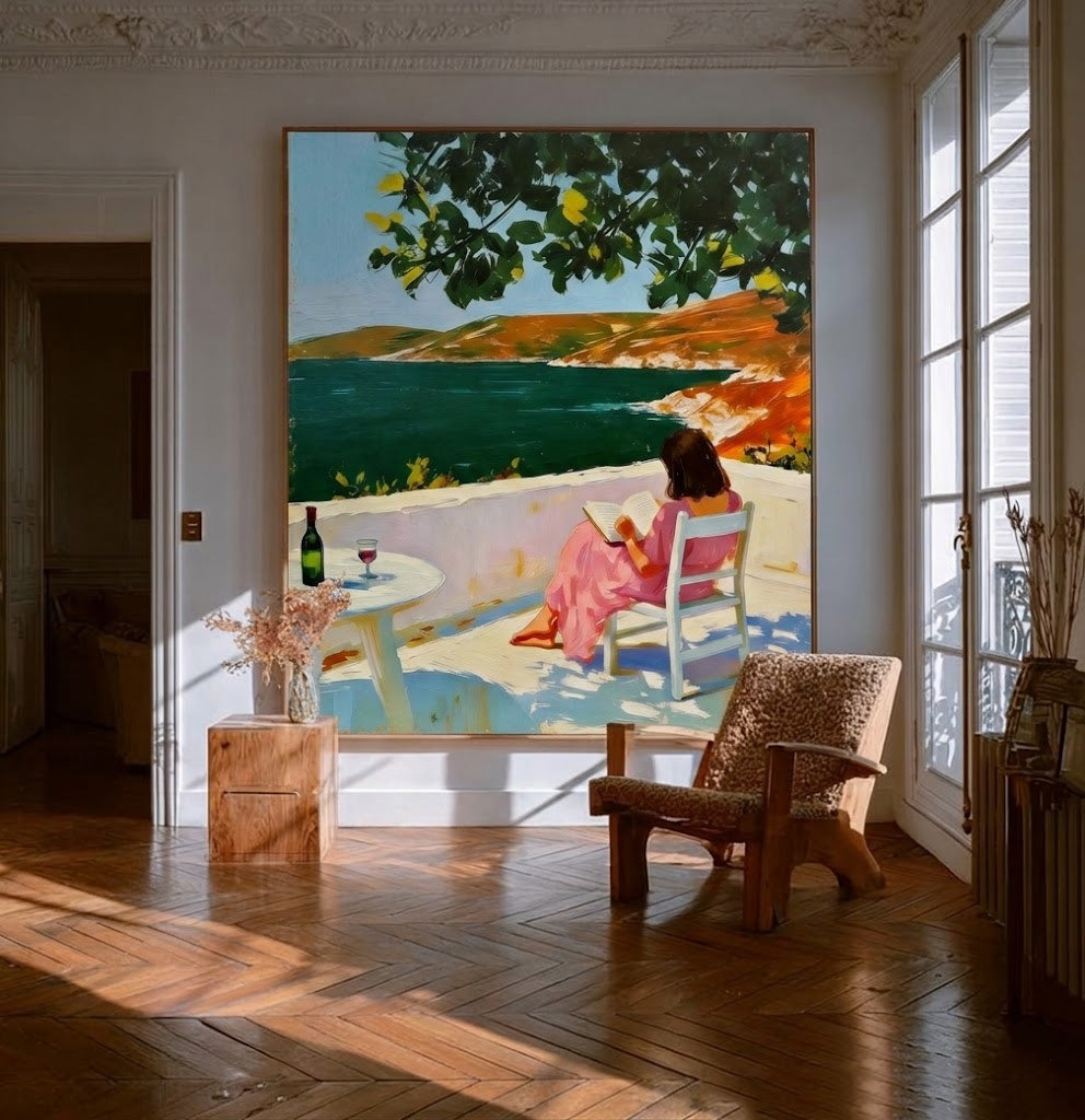 Serene Moments Wall Art Peaceful Woman Reading Book Near Ocean View Decoration