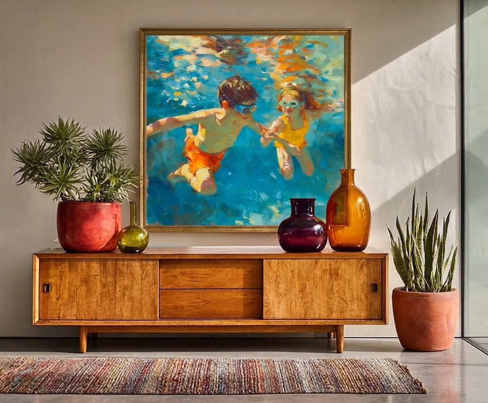 Vibrant Underwater Kids Swimming Art For Family Home Decor