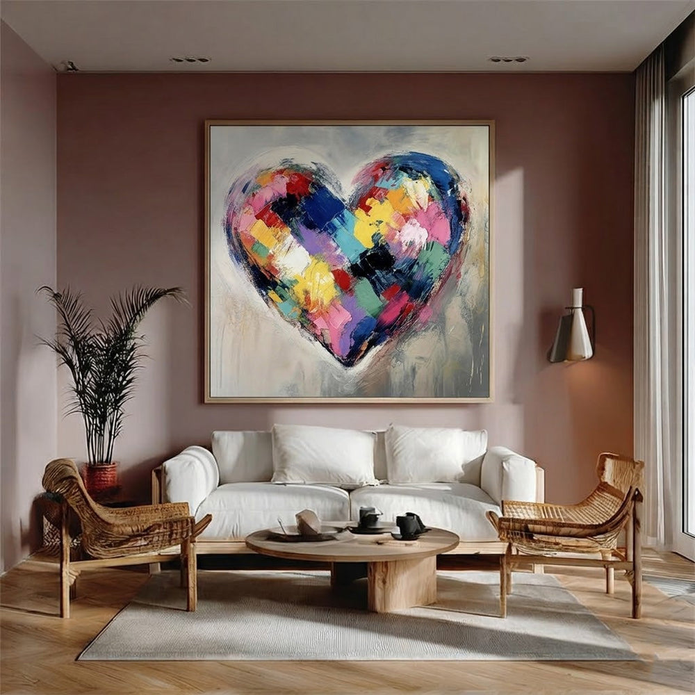 Textured Canvas Art With Geometric Heart Design Original Oil Painting