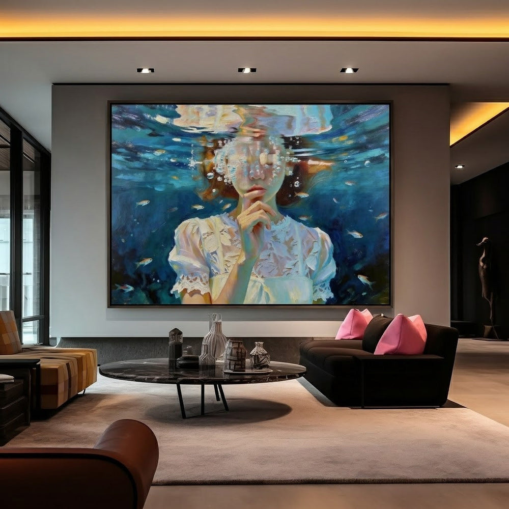 Expressive Oil Painting Of A Girl Submerged In Blue Water With Delicate Brushstrokes