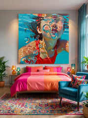 Vibrant Swimming Pool Art Girl Underwater Scene Square Oil Painting On Linen