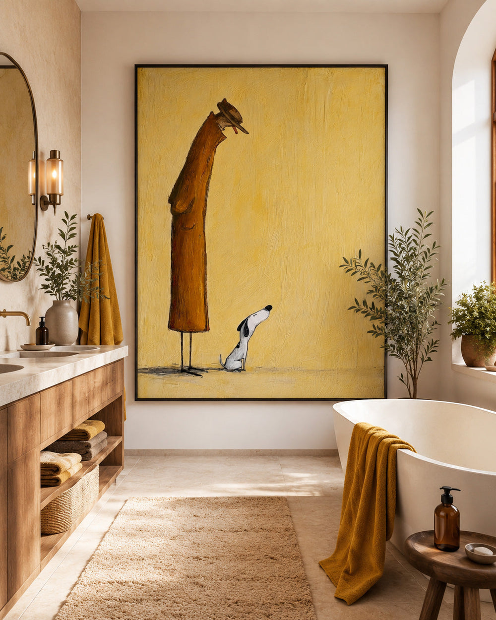 Modern Minimalist Figure Painting With Dog Beige Abstract Canvas Art Print