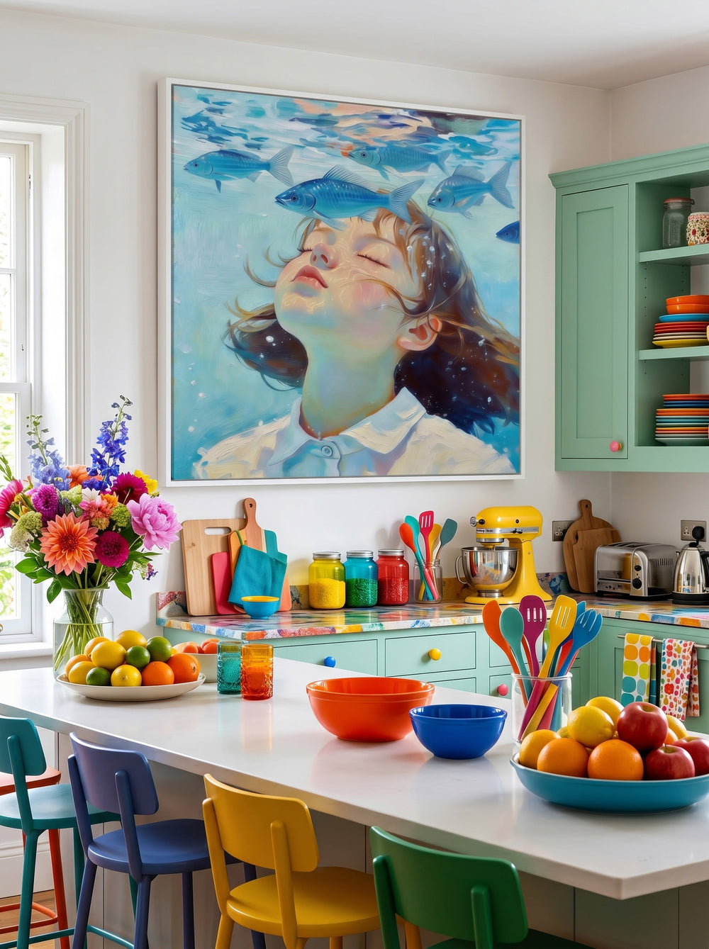 Hand Painted Square Canvas Art Girl Swimming With Fish Contemporary Interior Design