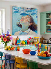 Hand Painted Square Canvas Art Girl Swimming With Fish Contemporary Interior Design